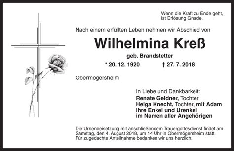 Traueranzeigen Von Wilhelmina Kre Trauer Flz De