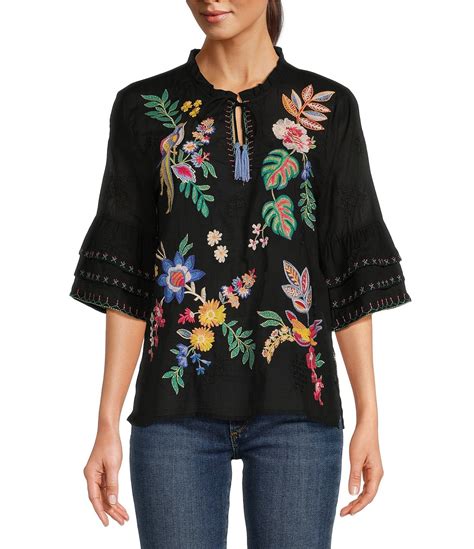 Johnny Was Jeanette Embroidered Floral Split V Neck Ruffle Sleeve