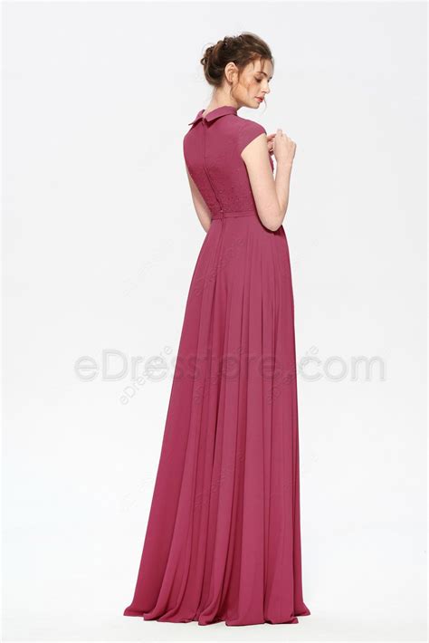 Modest Beaded Chianti Rose Bridesmaid Dresses Cap Sleeves Edresstore