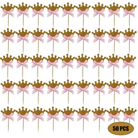 Buy Gold Glitter Crown Cupcake Toppers And Pink Bow Seasonsky Pack