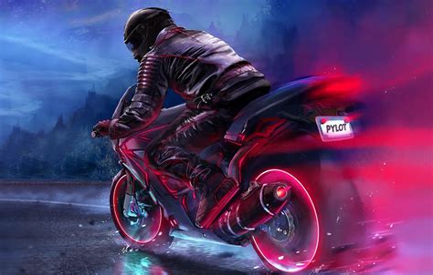 Wallpaper Road Neon Motorcycle Moto Art Electronic Biker