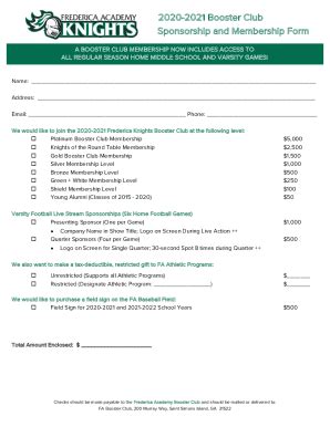 Fillable Online Booster Club Sponsorship And Membership Form