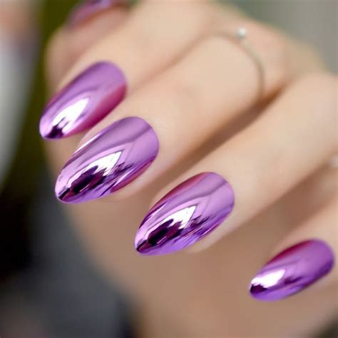 Faux Ongles Stiletto Métallique Métallique Couleur Unie Violet Punk Ovale Pointes Pour In