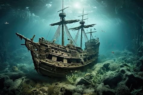 Premium Photo | Sunken pirate ship in the deep sea 3d rendering AI Generated