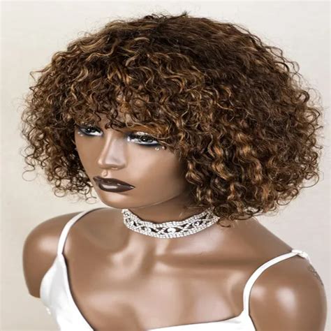 Lopngls Jerry Curly Short Pixie Bob Cut Human Hair Wigs With Bangs Remy