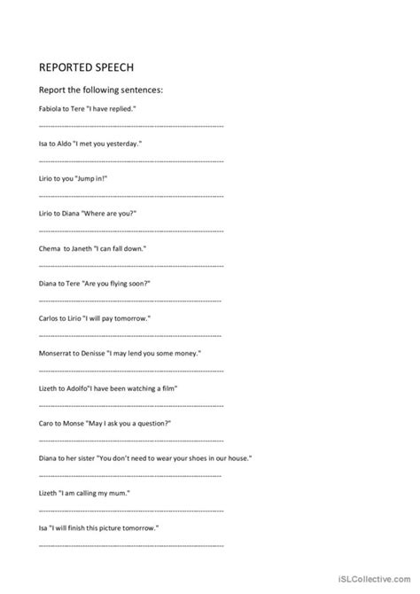 Reported Speech Exercises: English ESL worksheets pdf & doc