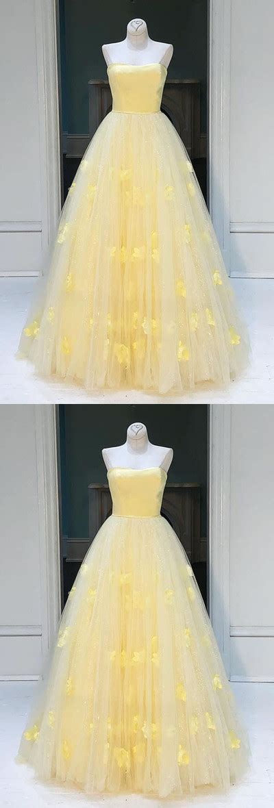 Yellow Tulle Princess Strapless A Line Long Prom Dress Party Dress