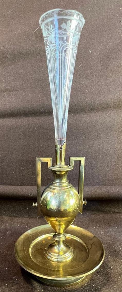 Antique Old Brass And Cut Etched Glass Epergne Single Bud Flower Vase Etsy