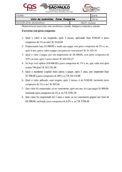 Exercicios De Juros Compostos