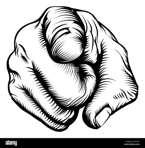 Retro Black Woodcut Print Style Hand Pointing Finger At Viewer From