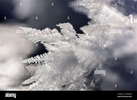 Real frozen ice crystals in blue, winter background. Closeup of ice ...