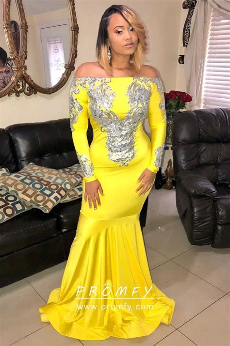 Unique Silver Sequin Appliqued Off The Shoulder Yellow Satin Mermaid