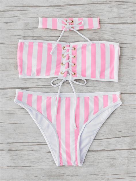 Vertical Striped Lace Up Bikini Set With Choker Bikinis Swimwear Hot