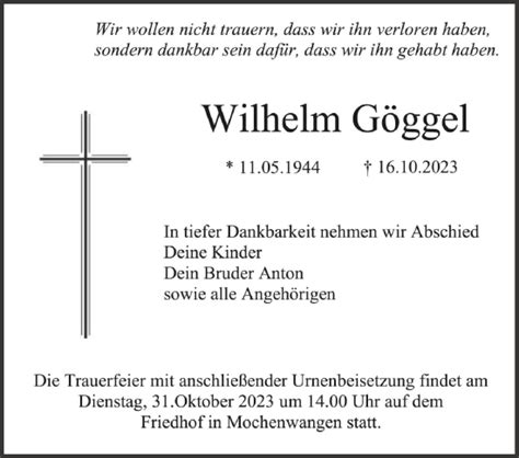 Traueranzeigen von Wilhelm Göggel schwaebische de Trauerportal