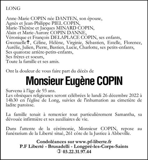 Avis De Décès De Eugène Copin Pompes Funèbres Liberté Brusadelli