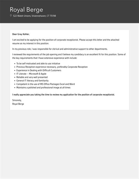 Corporate Receptionist Cover Letter Velvet Jobs