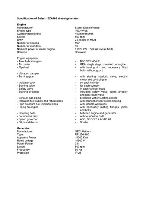 Pdf Specification Of Sulzer 16za40s Diesel Generator 1 · Pdf