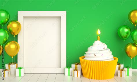 Green golden happy birthday cake invitation card banner background with ...