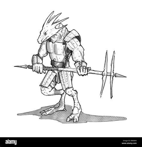 Ink Concept Art Drawing of Lizard Warrior in Armor Stock Photo - Alamy