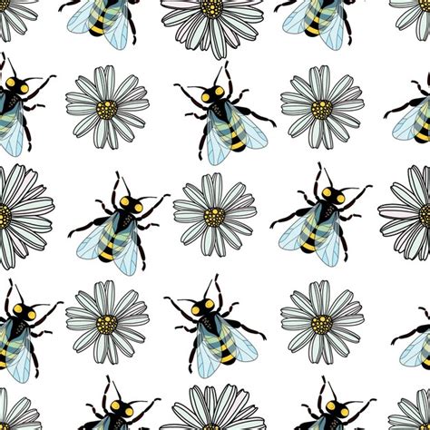 Premium Vector Seamless Pattern Of Daisy Flower Cartoon Flying Bees