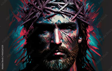 Abstract Portrait Of Jesus Christ Wearing A Crown Of Thorns Generative Ai Stock Illustration