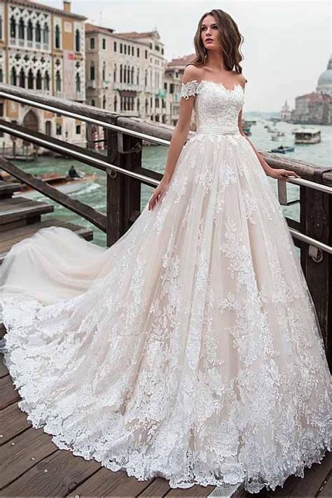 Off The Shoulder Neckline A Line Wedding Dress With Lace Appliques