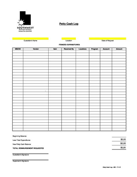 Petty Cash Log Templates Forms Excel Pdf Word Template Lab