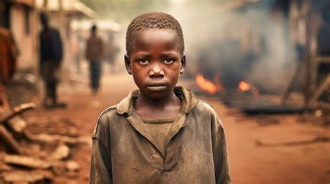 Close up D un Pauvre Orphelin Affamé Dans Un Camp De Réfugiés Avec Une