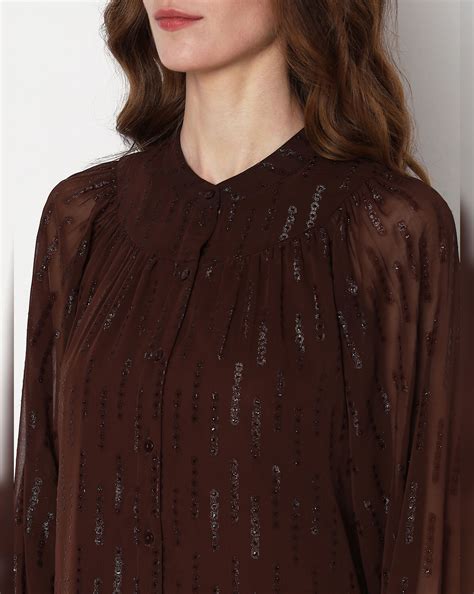 Dark Brown Lurex Sheer Sleeves Top