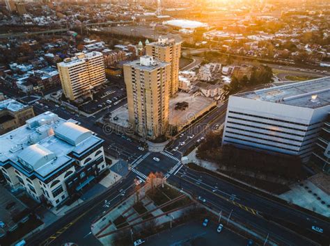 Aerial View Of A Sunrise Over The Buildings In Downtown Trenton New