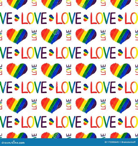 Seamless Pattern Handwritten Word Love And Hearts Lgbt Rainbow Colors