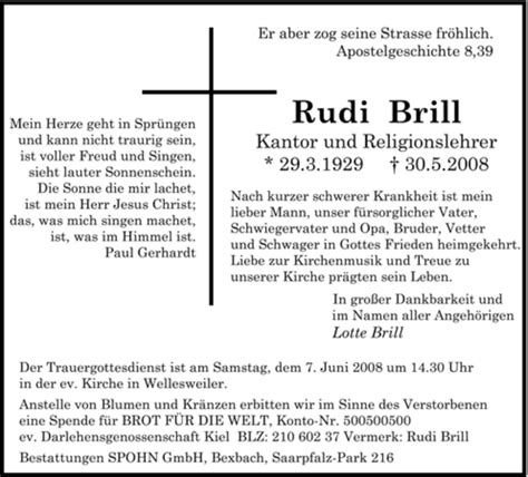 Traueranzeigen Von Rudi Brill Saarbruecker Zeitung Trauer De