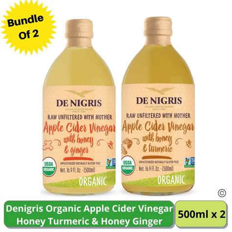 De Nigris Organic Apple Cider Vinegar Honey Ginger And Honey Turmeric 500ml X 2 Bundle Of 2