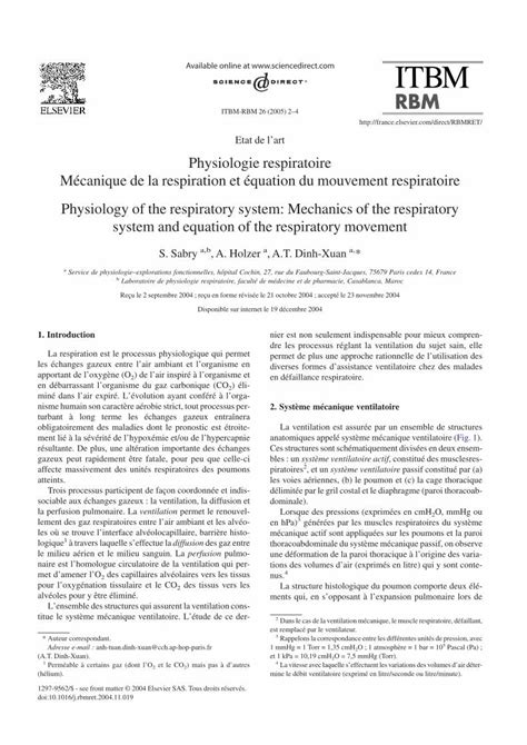 Pdf Physiologie Respiratoire M Canique De La Respiration Et Quation