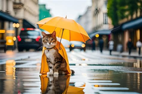 Premium Ai Image A Cat Is Sitting In The Rain With An Umbrella