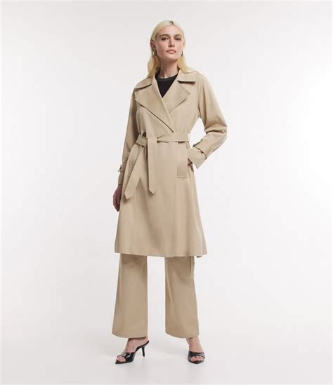 Trench Coat Longo em Gabardine Amarração e Bolsos Bege