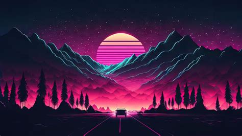 Highway Wallpaper 4K, Outrun, AI art, Neon, Retrowave