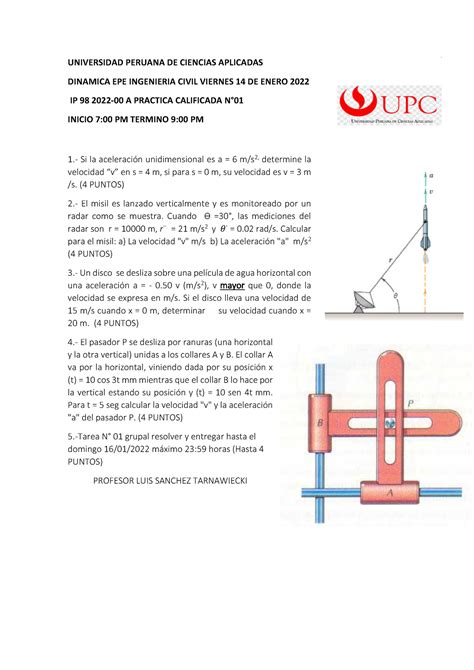 Pc1 Dinamica 2022 0 Pc1 Verano Epe Universidad Peruana De Ciencias Aplicadas Dinamica