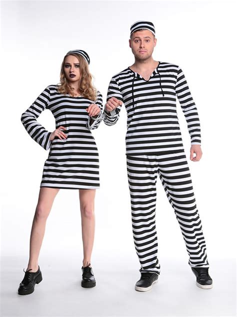 Women Black And White Striped Prison Uniform With Hat For Halloween Cosplay Party at Banggood