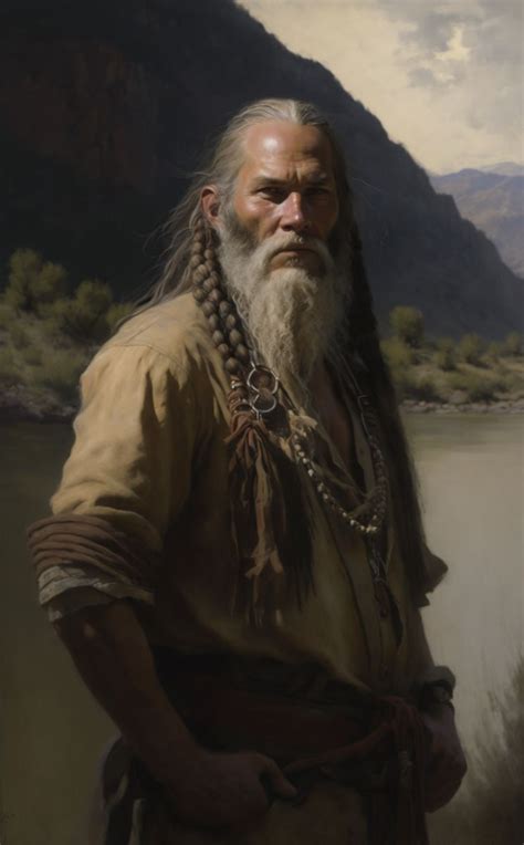 A Painting Of A Man With Long White Hair And Beard Wearing A Chain