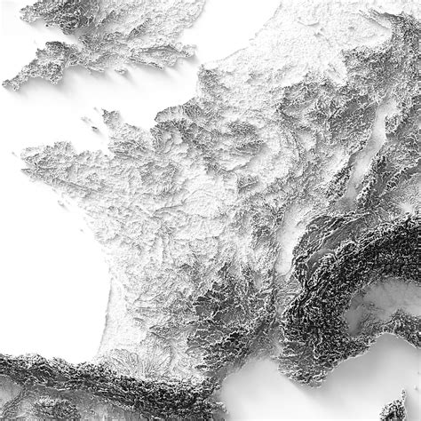 Europe Elevation Map white 2D Poster Shaded Relief Map, Fine Art Wall ...