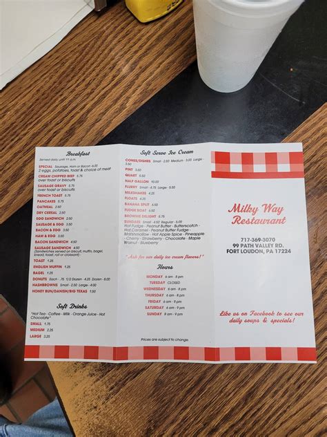 Menu at Milky Way Restaurant, Fort Loudon