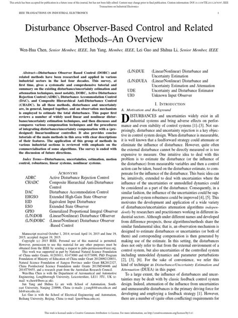 Disturbance Observer Based Control And Related Methods An Overview