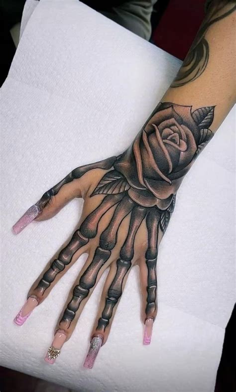 rose skeleton hand tattoo | Hand tattoos, Cute hand tattoos, Hand ...