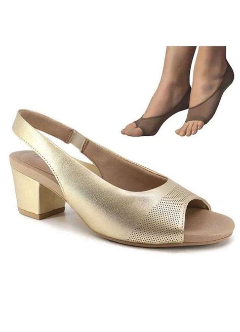 Kit Slingback Usaflex Salto Bloco Feminina E 2 Pares De Meias Dourado