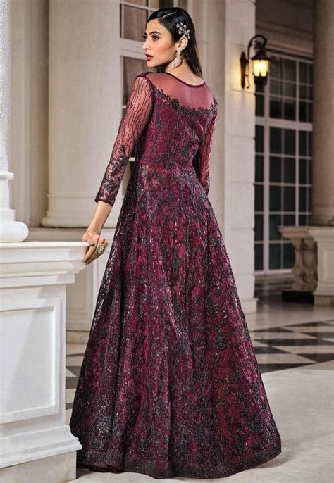 Embroidered Net Abaya Style Suit In Wine Kch