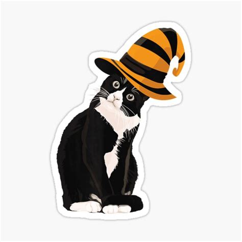 Cat Lovers Witches Hat On Tuxedo Cat Halloween Sticker For Sale By Hoangduclucky Redbubble