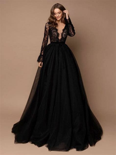 Black Wedding Dress With Train A Line V Neckline Long Sleeves Lace