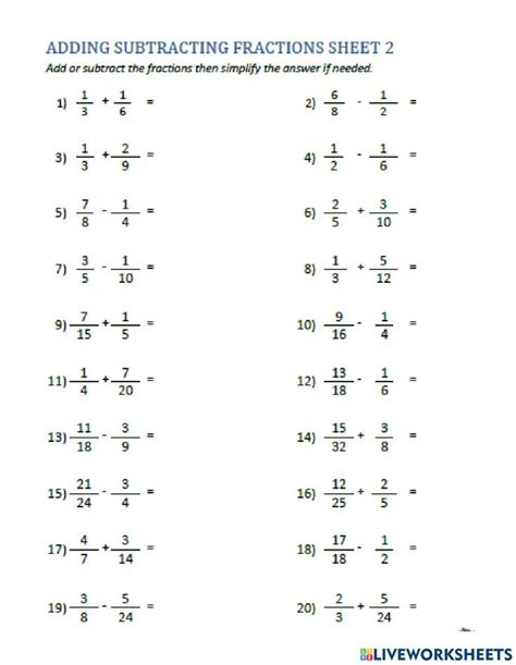 Adding Subtracting Fractions Worksheet With Two Numbers And One Number