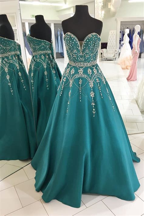 Sparkly Sweetheart Beaded Long Teal Evening Dress Senior Prom Dresses